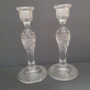 2) EAPG Fostoria DRESDEN Rose CANDLE STICK Holders 8" Etch#2244-6 RARE STUNNING